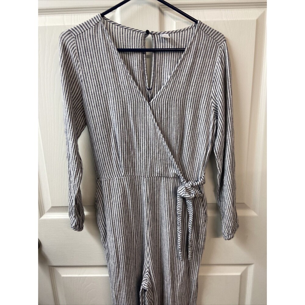 Old Navy Linen Jumper Womens Small Blue White Striped Faux Wrap Wide Leg - Picture 2 of 10